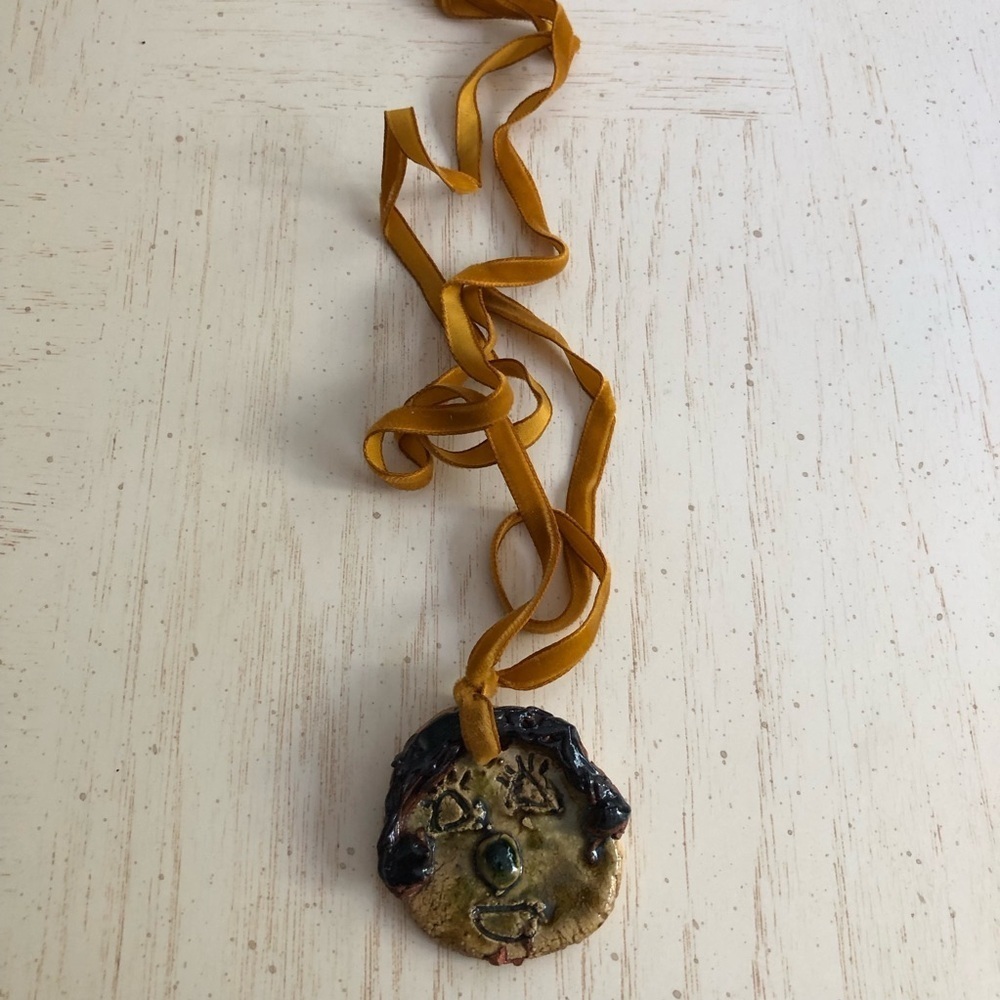 vintage art to wear hand pottery face pendant velvet cord necklace